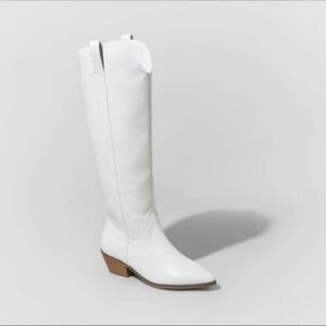 New without tags, size 10 wide, never worn. White knee high boots